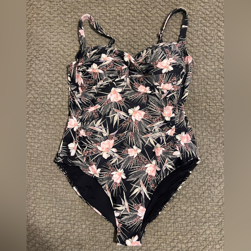 Black and Pink One Piece Swimwear with Tropical Floral Design